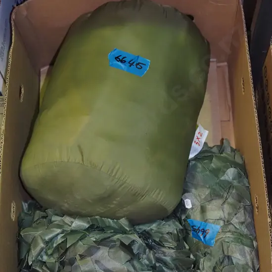 box; sleeping bag, camouflage netting