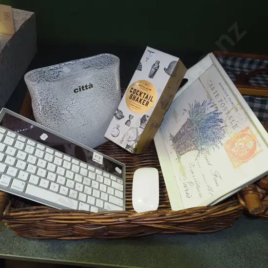 cane basket, keyboard, tray, vase, cocktail shaker