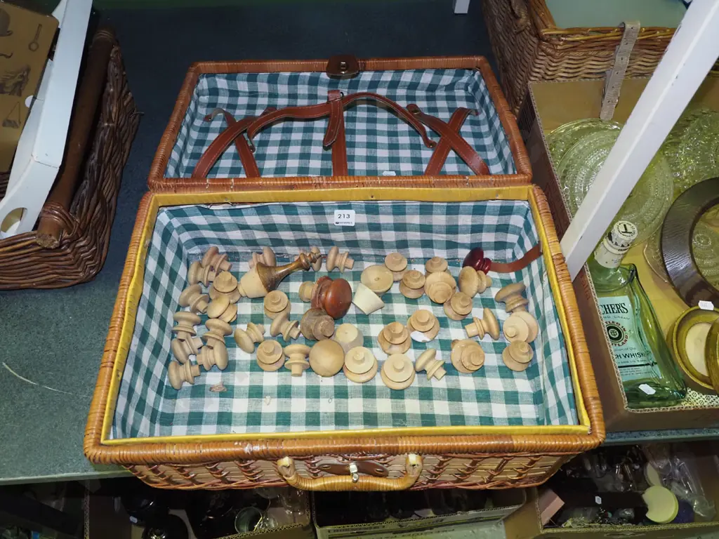 cane picnic hamper,  wooden door knobs Image 1++