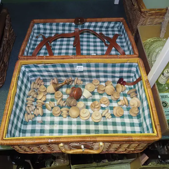 cane picnic hamper,  wooden door knobs