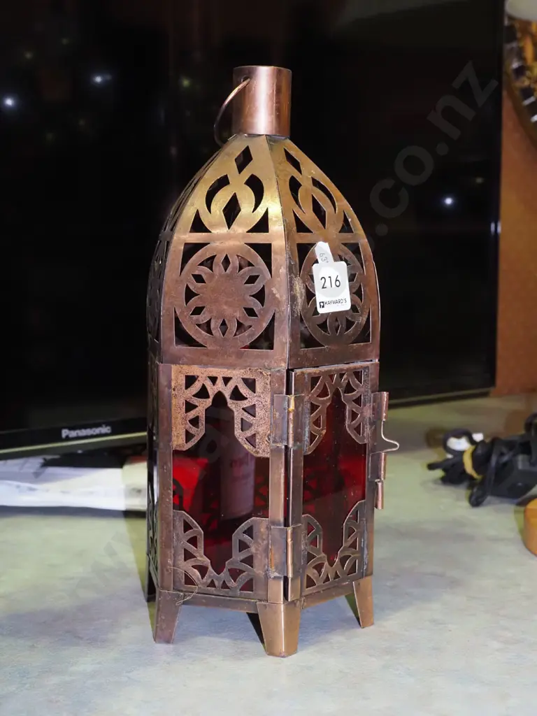copper and red glass candle lantern H310 Image 1++