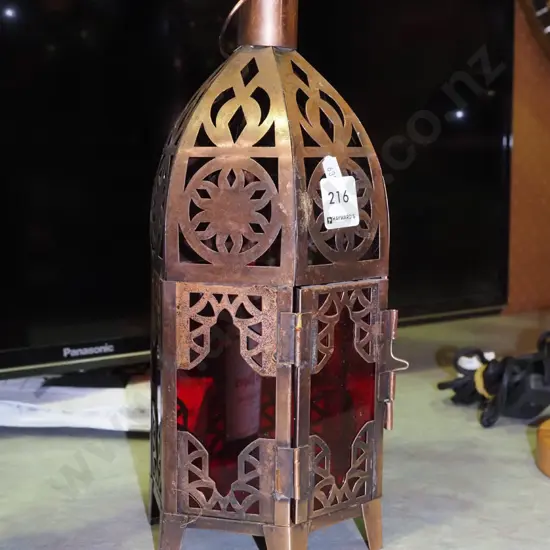 copper and red glass candle lantern H310