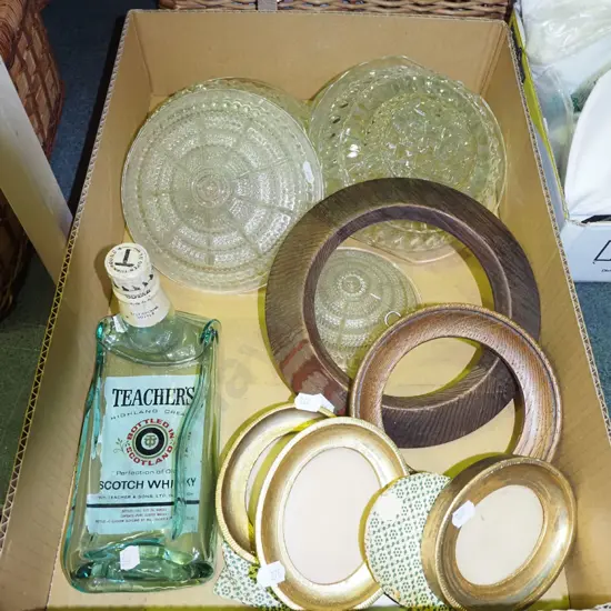 box; whisky bottle ashtray, part deco light fittings etc