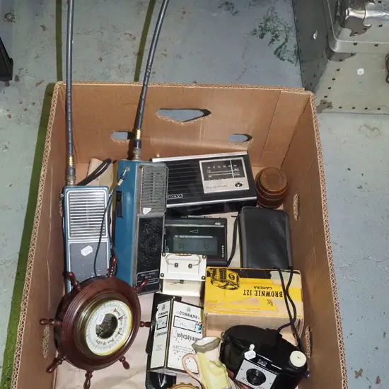 box; walkie talkies, ships wheel barometer etc