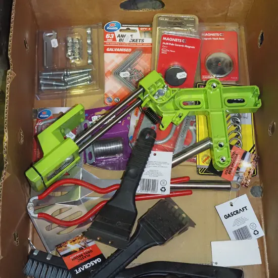 box; angle grinder stand, bbq brushes etc