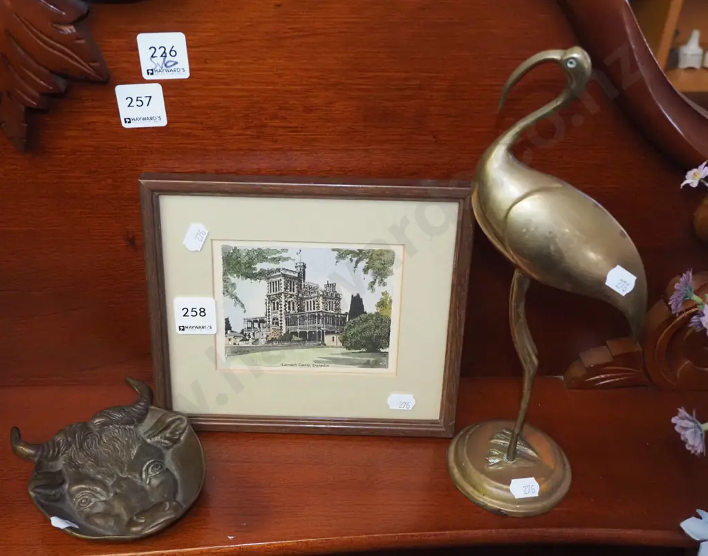 brass bird figurine, bull, astray , Yvonne Benson hand coloured print - Larnach Castle Image 1++