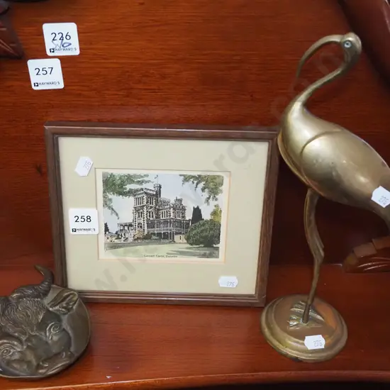 brass bird figurine, bull, astray , Yvonne Benson hand coloured print - Larnach Castle