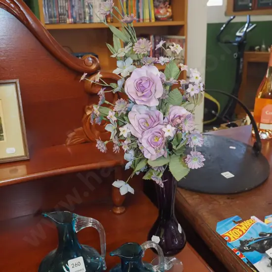 glass vase, faux flowers, 2x glass jugs