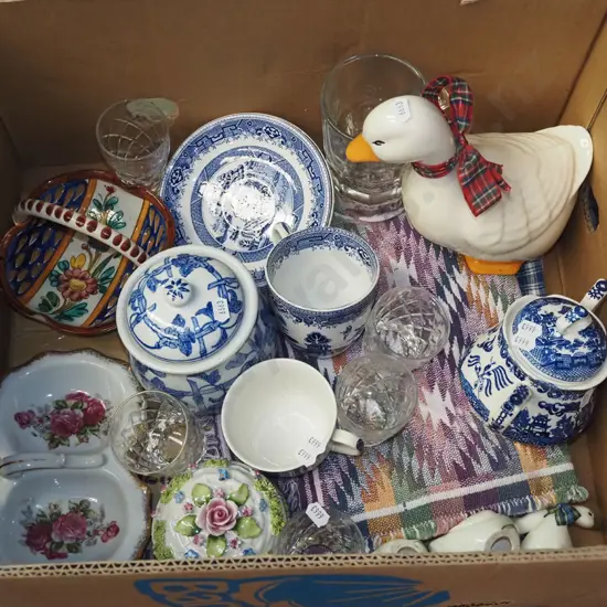 box; crystal tumblers, placemats etc