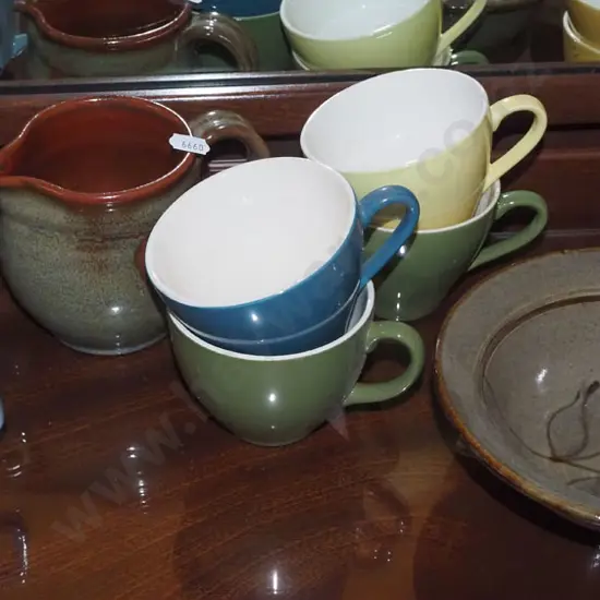 pottery jug, bowl, 5x Crown Lynn cups