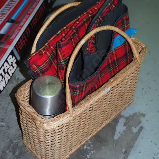 picnic basket, blanket, thermos