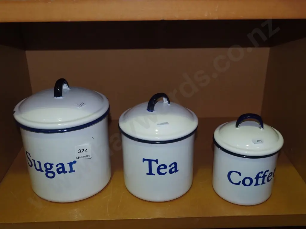 3x enamel lidded storage canisters H200 Image 1++