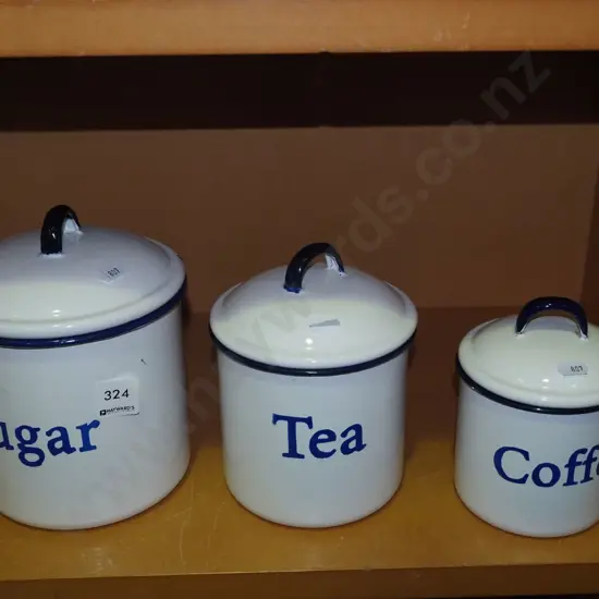3x enamel lidded storage canisters H200