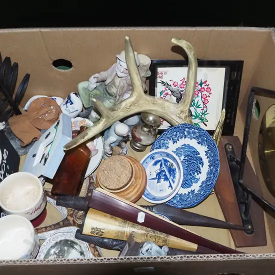 box; fans, figurines, lidded canister etc