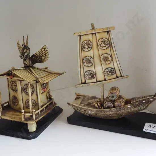 2x Asian ornaments- dragon house, small boat H160