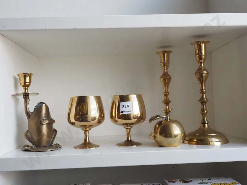 brass candlesticks, goblets, apple Image 1++