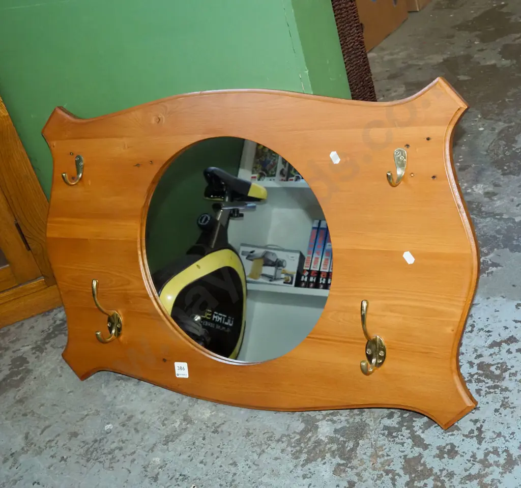wood framed circular mirror with coat hooks W780 Image 1++