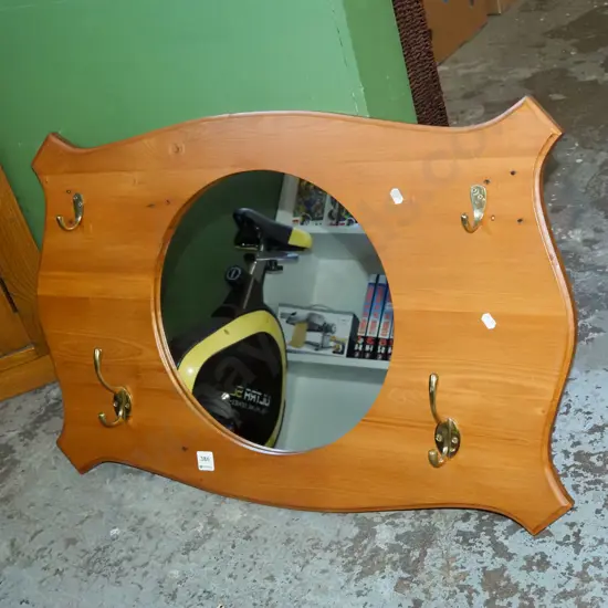 wood framed circular mirror with coat hooks W780