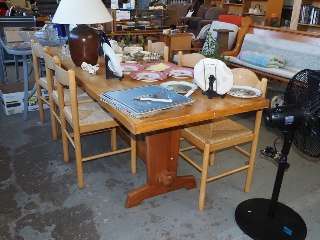 long rimu refectory based dining table with 6 matching seagrass upholstered chairs H730 W2020 D770 Image 1++