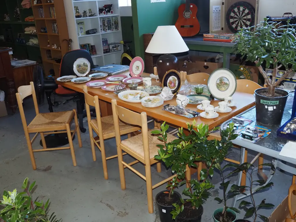 long rimu refectory based dining table with 6 matching seagrass upholstered chairs H730 W2020 D770 Image 1++