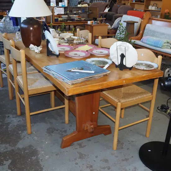 long rimu refectory based dining table with matching seagrass upholstered chairs H730 W2020 D770