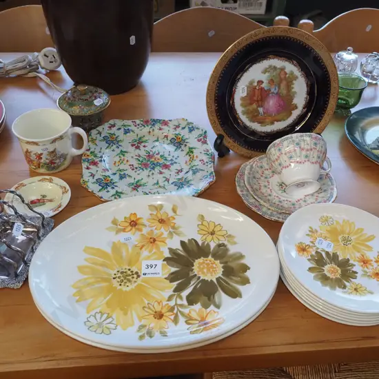 assorted Crown Lynn Topaz plates, trios, toast rack etc