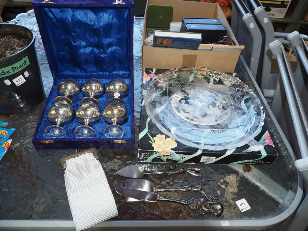 presentation goblets, Oroton purse, utensils, pressed glass bowl Image 1++