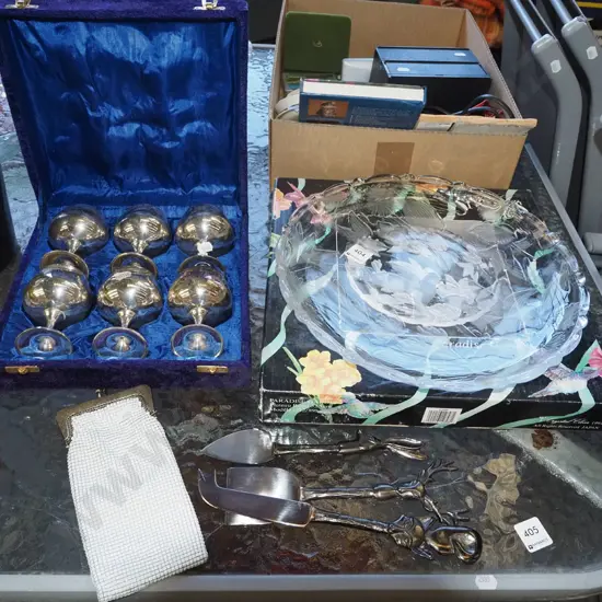 presentation goblets, Oroton purse, utensils, pressed glass bowl