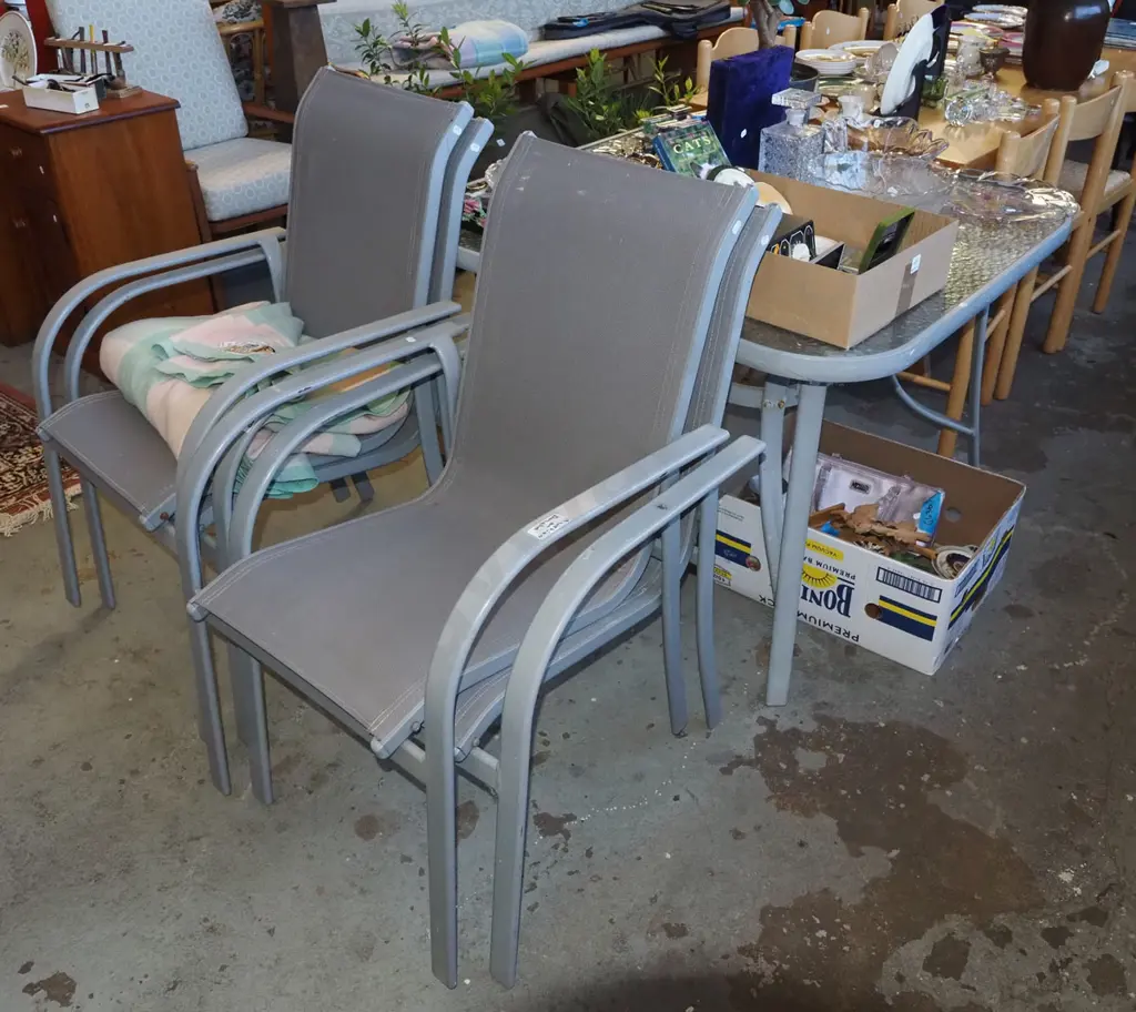 alloy and glass top square patio table with 4 matching chairs H710 W1020 D1020 Image 1++