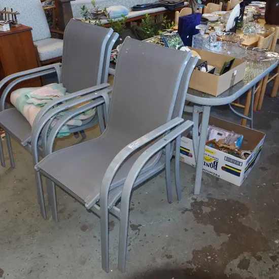 alloy and glass top square patio table with 4 matching chairs H710 W1020 D1020