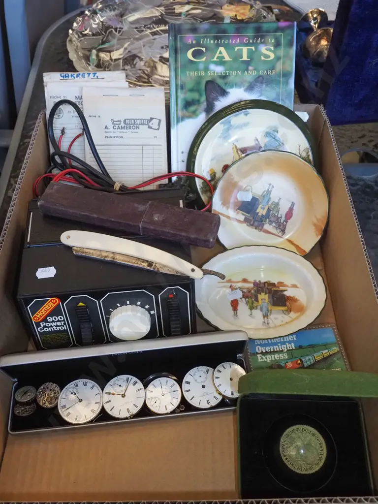box; Hornby train controller, watch parts, cut throat razor etc Image 1++