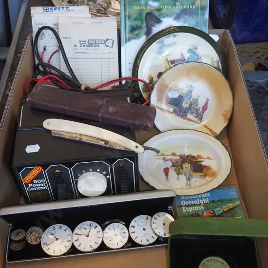 box; Hornby train controller, watch parts, cut throat razor etc