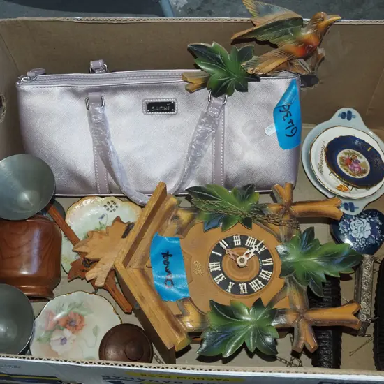 box; broken cuckoo clock, hand bags, dishes etc