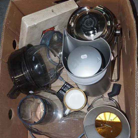 box; juicer, coffee mugs, 3D wall art