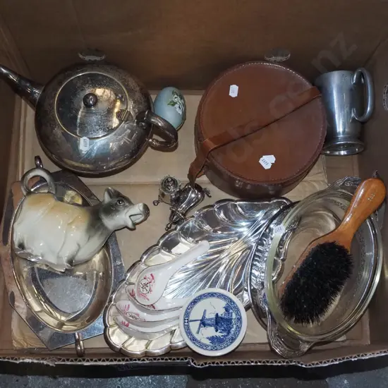 box; plated tea pot, serving spoons, collar box etc