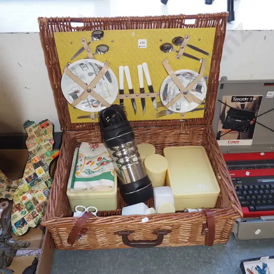 picnic hamper and contents; Fiesta saucers, plates etc