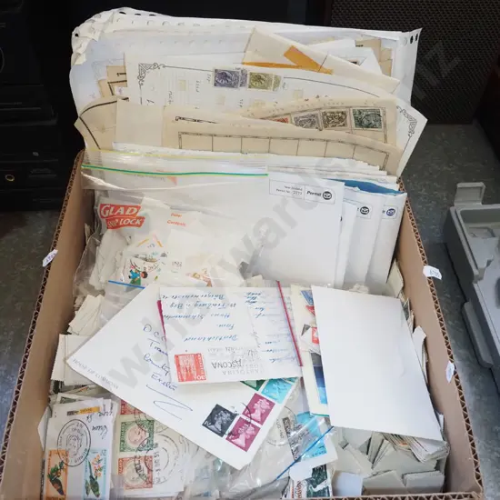 box of first day covers, numerous stamps
