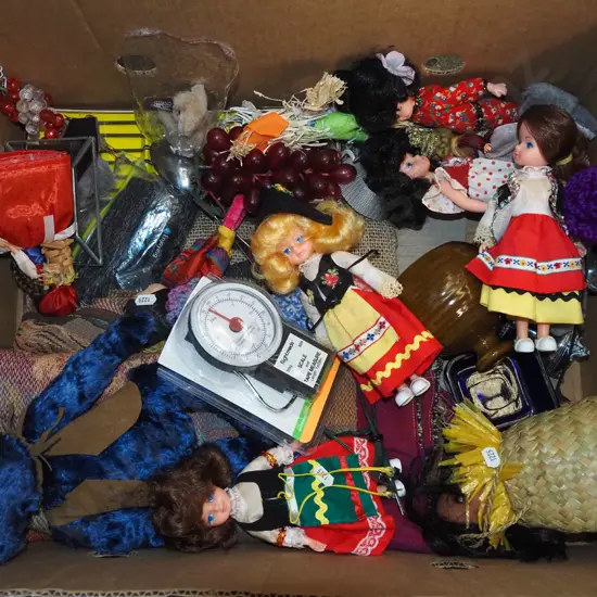 box; dolls of the worls, picture frames, scales etc