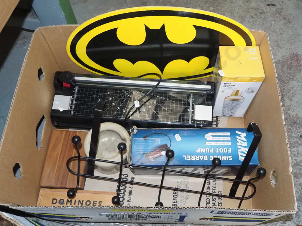 box; coat hooks, cocktail shaker, Batman signs etc Image 1++