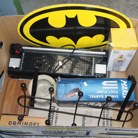 box; coat hooks, cocktail shaker, Batman signs etc