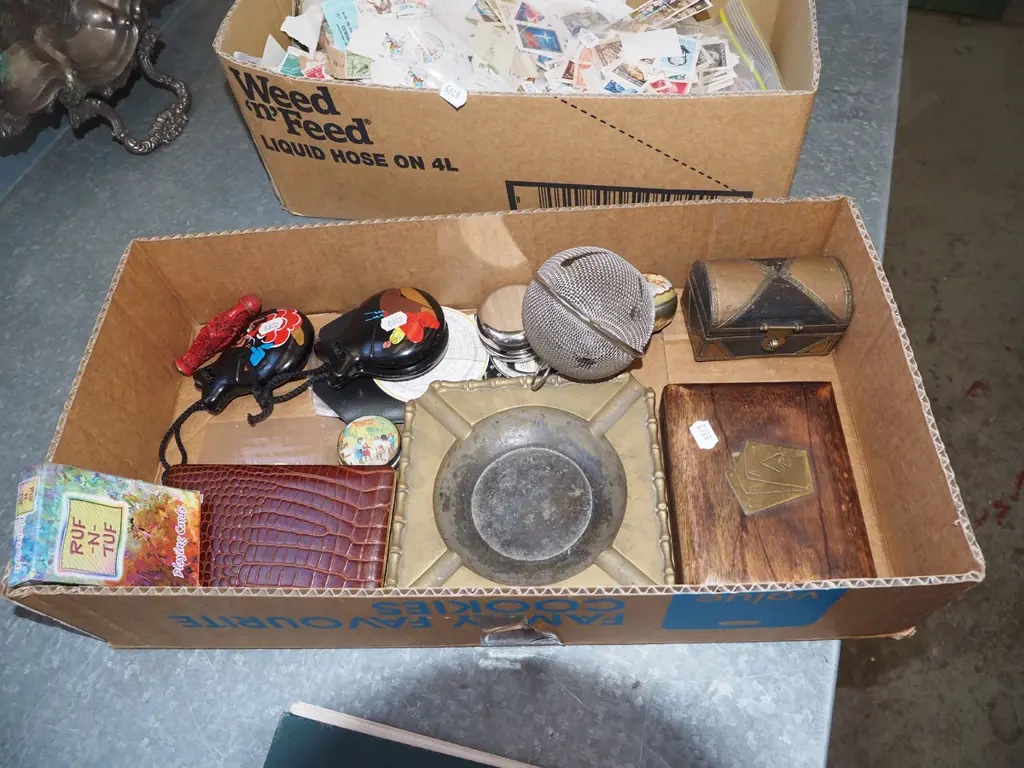 box; brass ashtray, playing cards, snakeskin cigarette case etc Image 1++