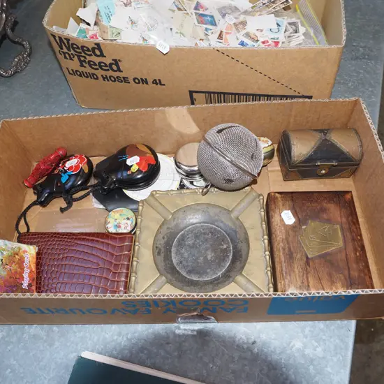 box; brass ashtray, playing cards, snakeskin cigarette case etc