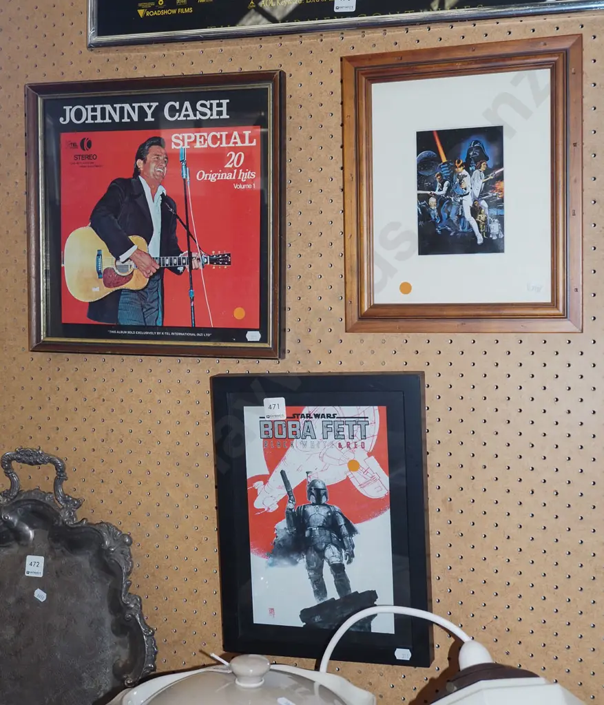 3x framed prints - Johnny Cash, Star Wars Boba Fett Image 1++