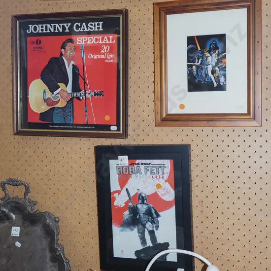 3x framed prints - Johnny Cash, Star Wars Boba Fett