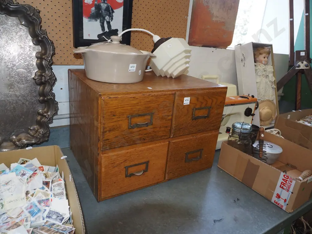 oak 4 drawer index card filing cabinet H370 W500 D420 Image 1++