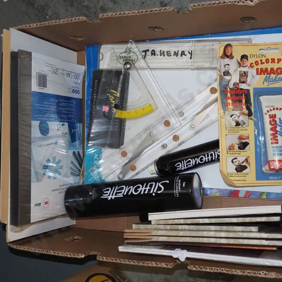 box; sketch books, hair spray, drafting tools etc