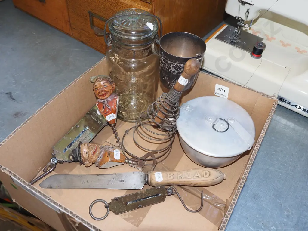 box; bread knife, spring scales, canister etc Image 1++