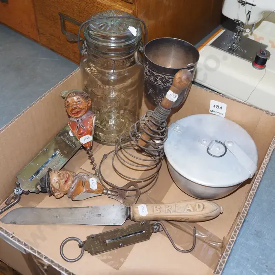 box; bread knife, spring scales, canister etc