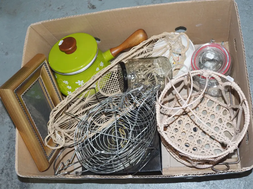 box; enamel pot, wire egg basket, storage jars etc Image 1++