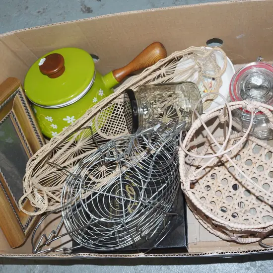 box; enamel pot, wire egg basket, storage jars etc